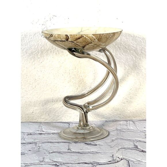 vint Jozefina Krosno Art Glass Jelly Fish 7'' Pedestal Bowl Dish made in Poland - Picture 11 of 12